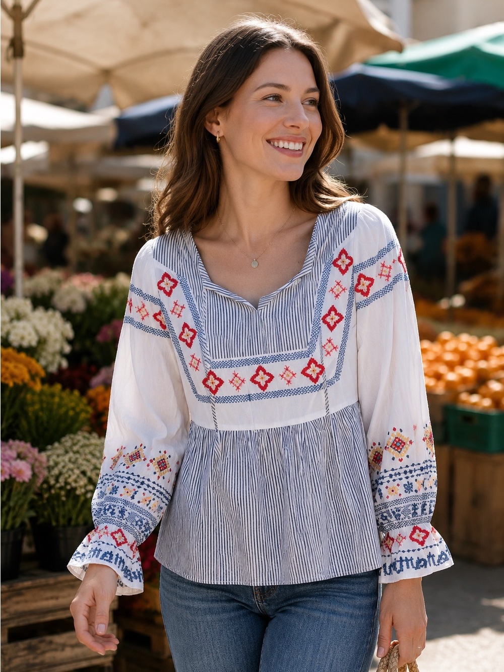 SAVANNA JANE Cotton/Polyester Boho White/Blue Embroidered Blouse Size Small NWT